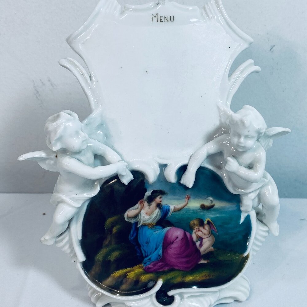 Antique Porcelain Menu Stand "Ariadne" Scene, Cherub Angels, 6.75" VNTG